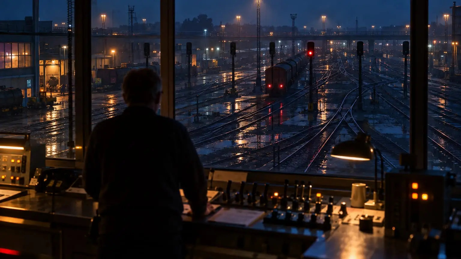 A railway yard at night seen from the window of an elevated signal box, the signaller seen from behind looking down at the wet tracks where a single freight train waits at one red signal light among many unlit ones