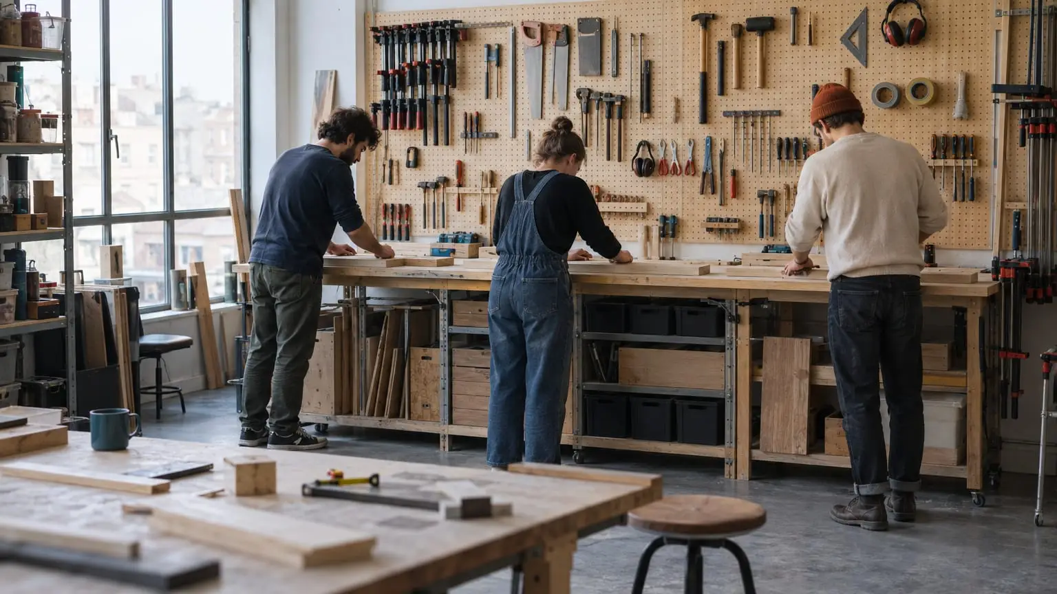 A bright contemporary makerspace: three people side by side at one long shared workbench, a single pegboard wall behind them holding every tool, each with both hands resting on a large piece of wood they are sanding or measuring