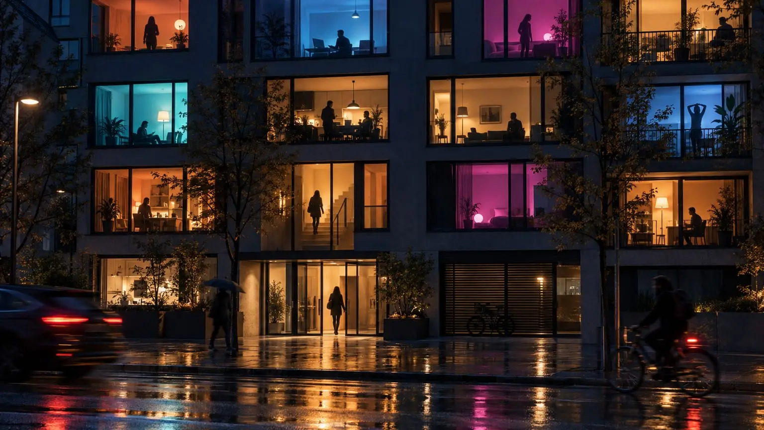 Ein modernes Wohnhaus bei Nacht von der Straße aus gesehen, viele Fenster in unterschiedlichen Farben erleuchtet, hinter jedem ein anderes Leben, Bewohner als Silhouetten, die nasse Straße davor spiegelt die Farben