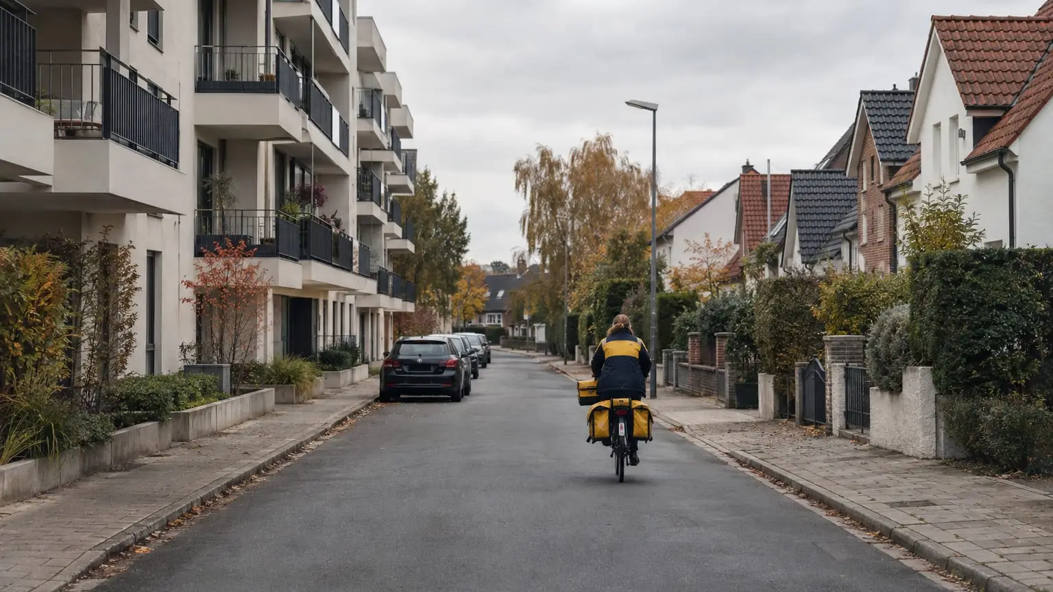 A quiet street at the edge of town on an overcast day, a modern apartment block on one side and a row of small separate houses on the other, a postwoman seen from behind on her bicycle riding between them