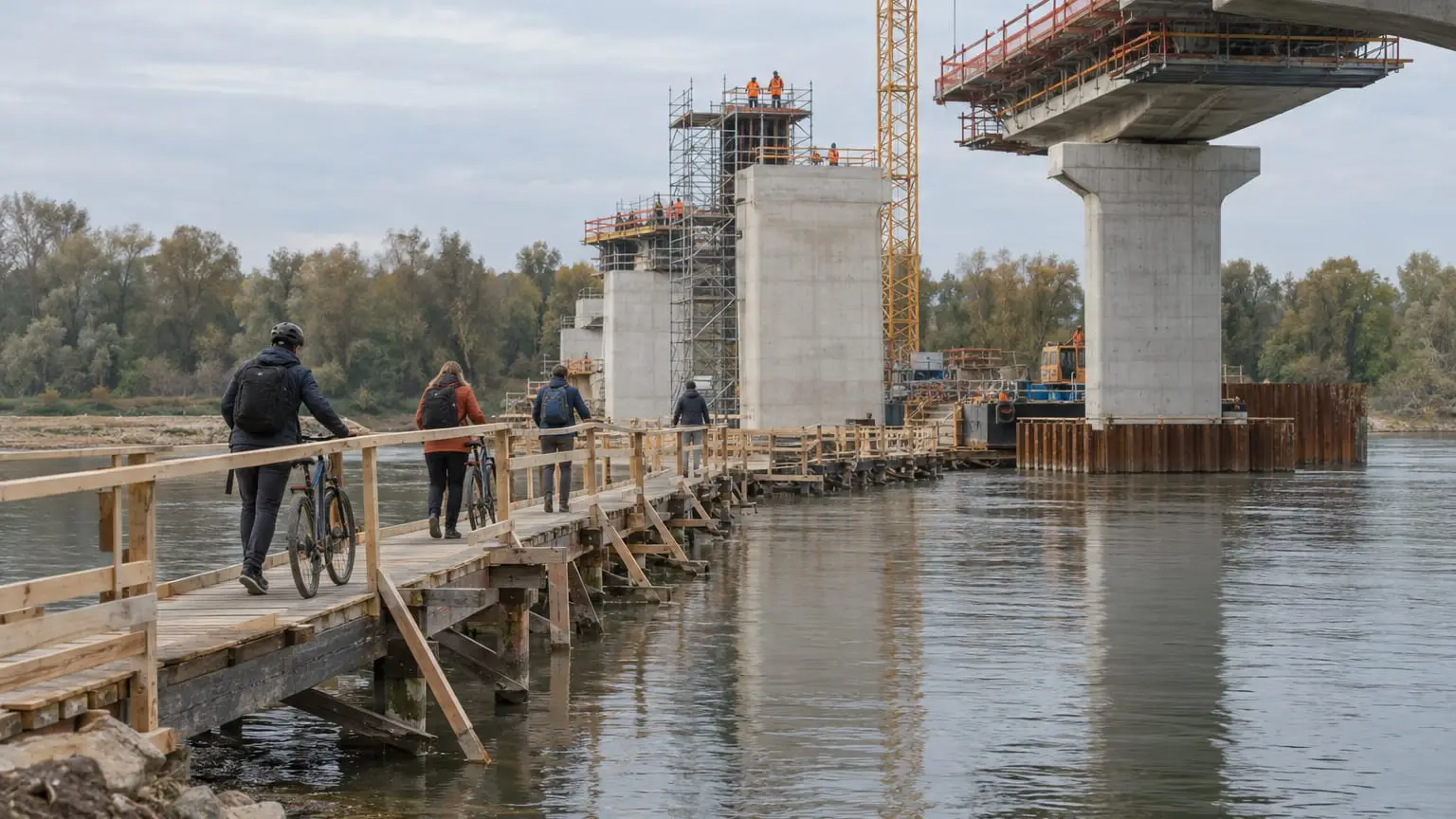 Ein schmaler provisorischer Holzsteg über einen ruhigen Fluss, auf dem schon Menschen mit Fahrrädern hinübergehen, daneben die Pfeiler einer großen Brücke, die noch im Bau ist, Bauarbeiter auf einem Gerüst in der Ferne