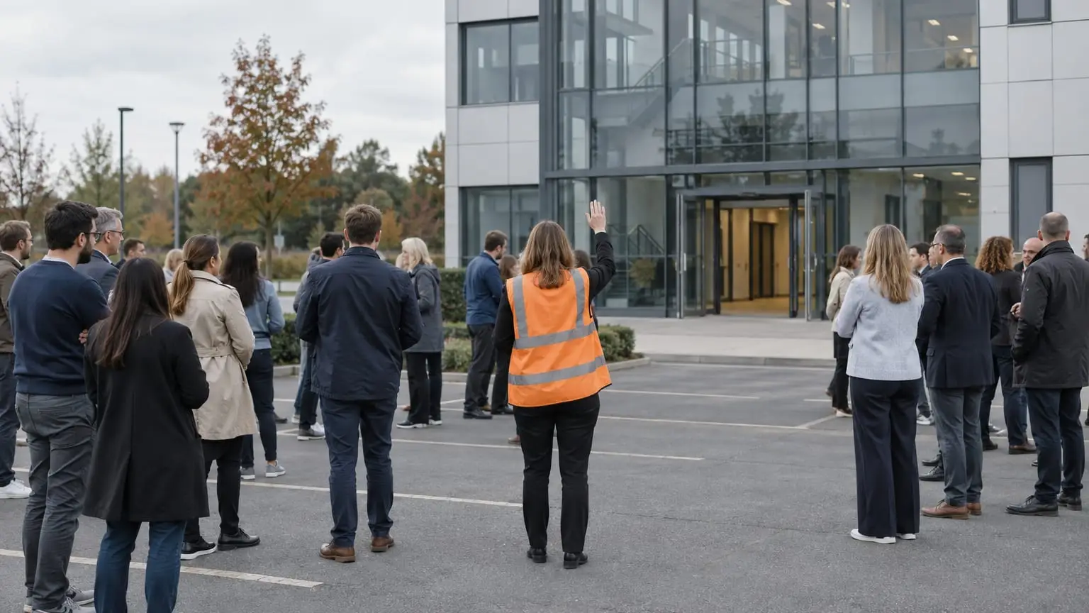 Eine Räumungsübung, die Belegschaft eines modernen Bürogebäudes steht vollzählig in ruhigen Gruppen am Sammelplatz auf dem Parkplatz, das leere Gebäude im Hintergrund, eine Brandschutzhelferin in orangefarbener Weste von hinten gesehen hebt eine Hand und zählt durch
