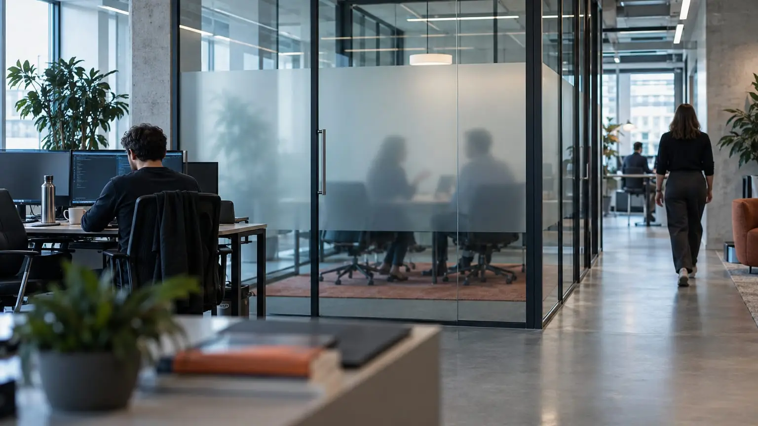 A modern open-plan office with small meeting rooms behind frosted glass walls, two colleagues visible only as soft blurred silhouettes in conversation behind the glass, a colleague seen from behind walking away down the corridor, another working at a desk nearby