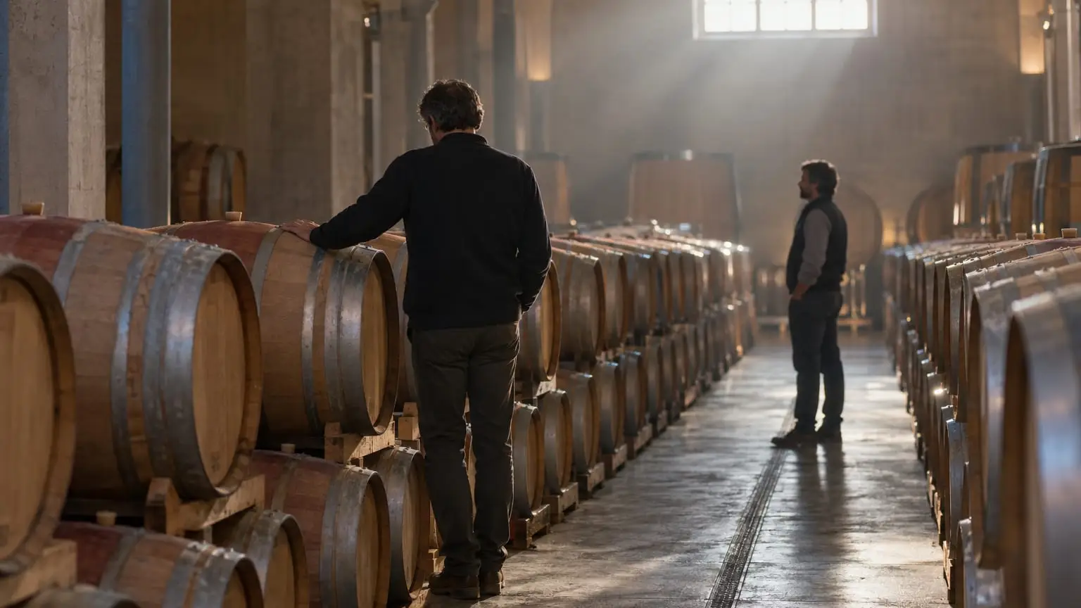 A modern winery cellar with long rows of oak barrels, morning light falling through a high window, the cellar master seen from behind pausing at one particular barrel with a hand resting on it, a colleague in profile waiting further down the row