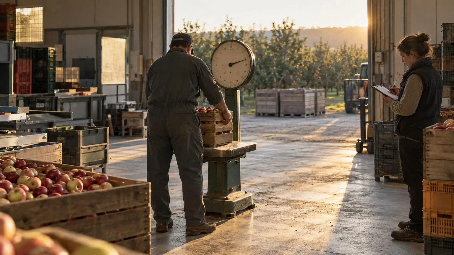 A farm packing shed with the big door open to an orchard, a farmer seen from behind setting a crate of apples onto an old analogue platform scale while a colleague in profile writes the weight on a clipboard
