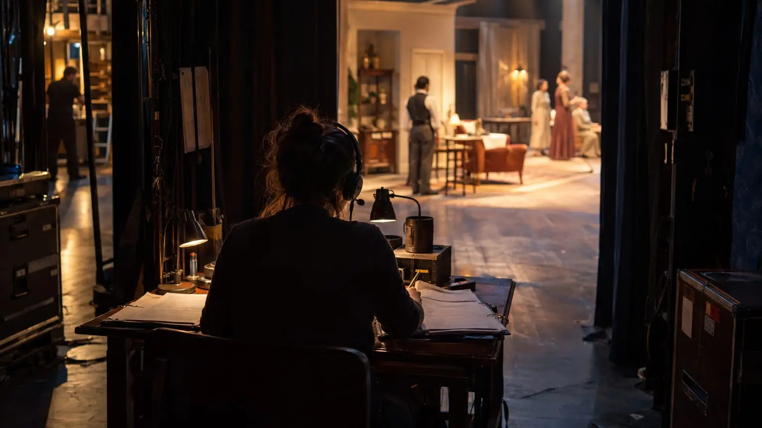 Backstage in a theatre during a performance, the stage manager with a headset seen from behind at a wooden prompt desk in the wings, looking out at the brightly lit stage where actors perform, the prompt book open under small desk lamps