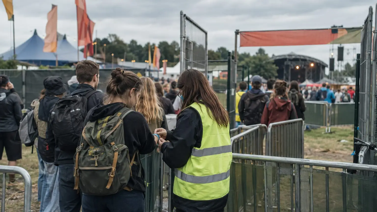 The entrance to a summer music festival on an overcast afternoon, a steward seen from behind fastening a fabric wristband onto a visitor's wrist at the gate, a queue of visitors behind and separate fenced lanes leading to the stage