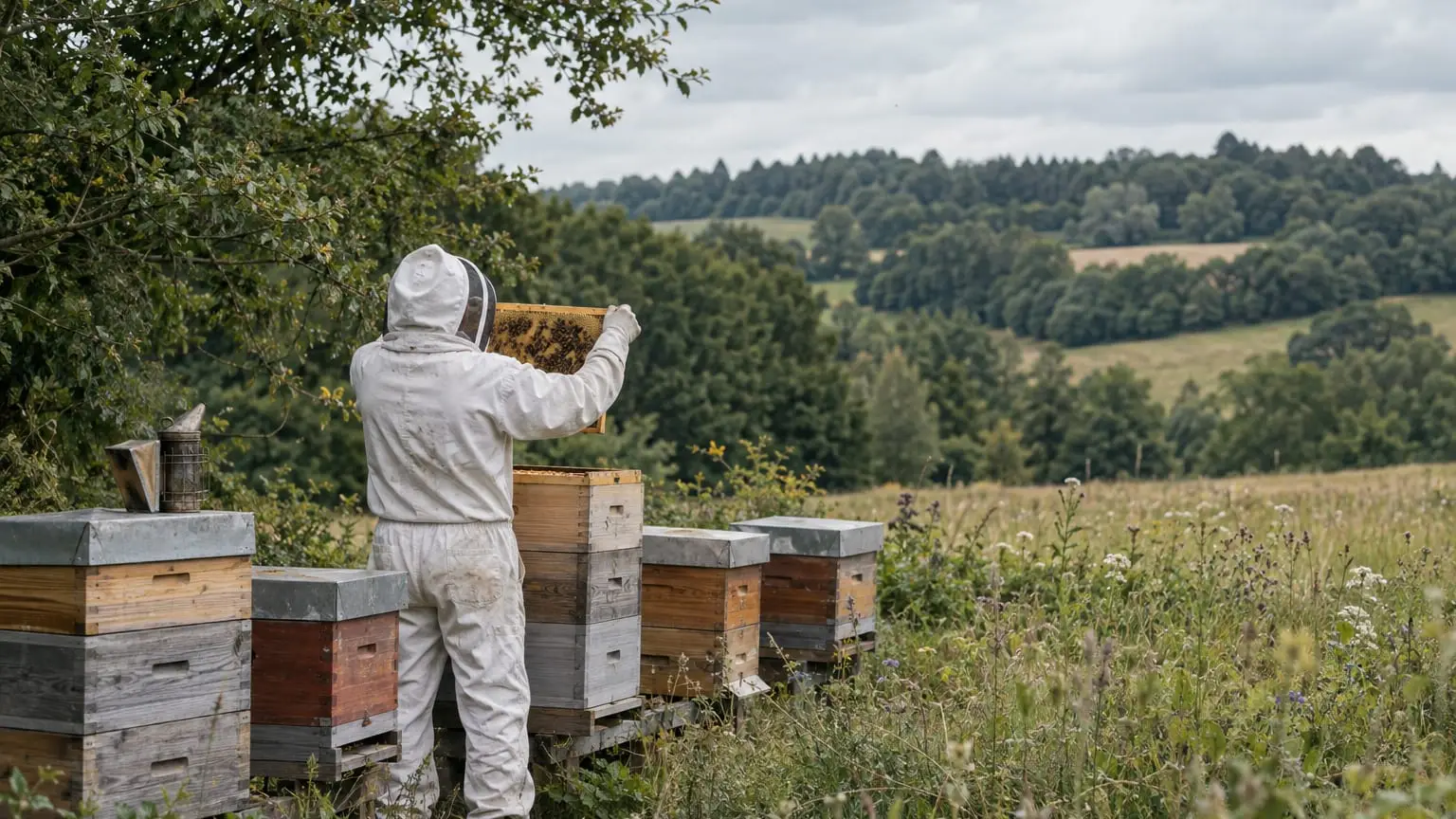 A row of wooden beehives at the edge of a meadow, a beekeeper in a white suit and veil seen from behind lifting a full honeycomb frame out of a hive and holding it up to inspect it