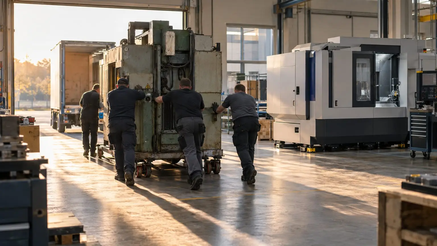 Eine helle moderne Industriehalle, in der Monteure eine große alte Produktionsmaschine auf Schwerlastrollen zur offenen Hallentür schieben, daneben steht schon die neue Anlage bereit, die Monteure von hinten gesehen mit beiden Händen an der Maschine