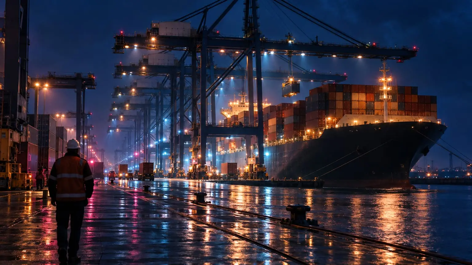 A container terminal at night, a long row of gantry cranes working side by side under floodlights loading a large ship, a lone worker in a hard hat seen from behind walking along the wet quay beside them