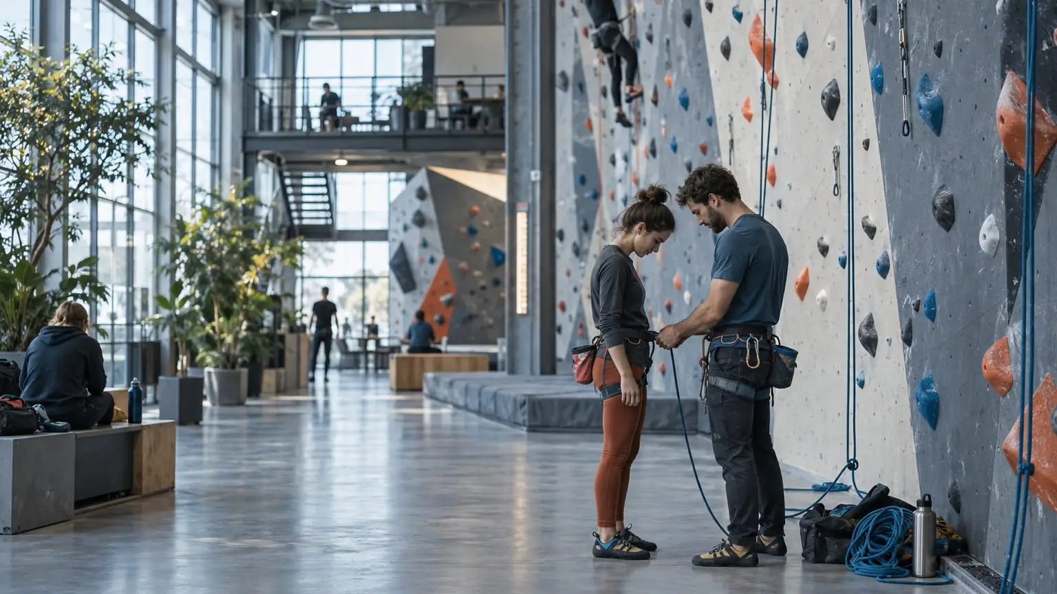 A modern indoor climbing hall, two climbers standing face to face at the foot of the wall seen from the side at some distance, heads bowed, one holding the tied figure-eight rope knot at the front of the other's harness to check it before the climb