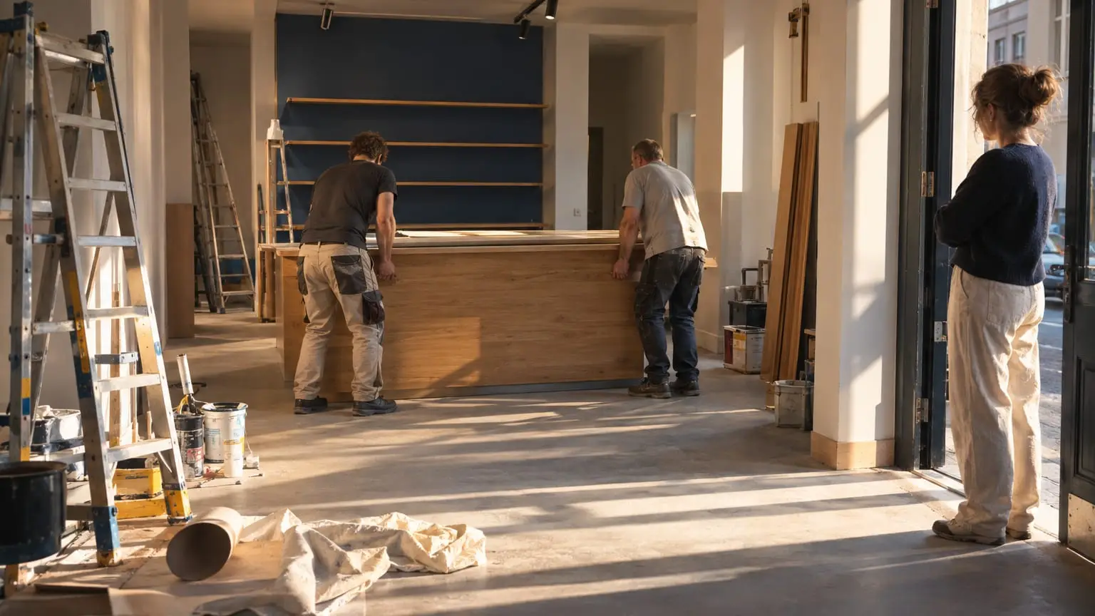 A contemporary high-street shop unit mid fit-out: two tradespeople seen from behind setting a long oak counter into place, ladders, paint tins and lighting rails around them, the owner watching in profile from the open doorway