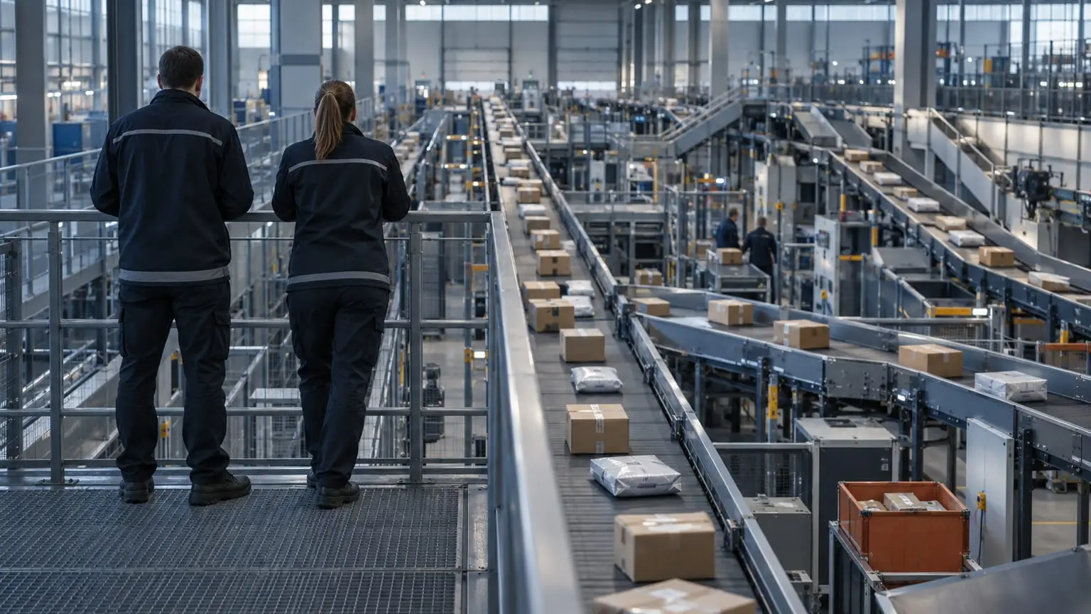 Eine moderne automatisierte Paketsortierhalle, lange Förderbänder tragen Pakete in gleichmäßigen Reihen, zwei Mitarbeitende in dunklen Jacken von hinten gesehen beobachten den Fluss von einem erhöhten Stahlsteg aus
