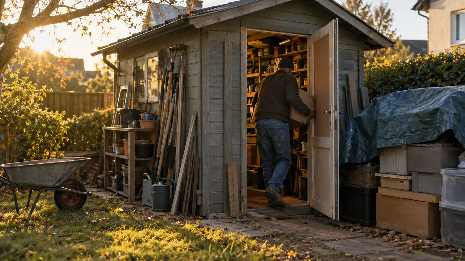 A small garden shed used as a workshop, its shelves crammed full, tools leaning against the outside wall and boxes stacked under a tarpaulin beside it, the owner seen from behind squeezing in through the door with a box in his arms