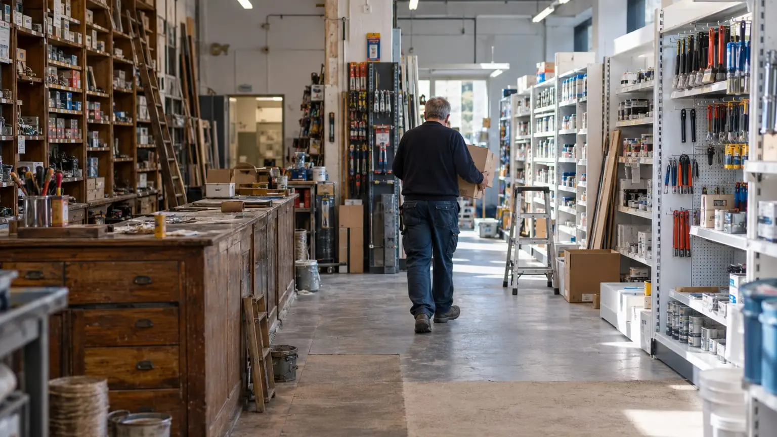 An old family-run hardware shop being refurbished, new bright shelving on one side of the aisle and old wooden counters on the other, the owner seen from behind carrying a box down the aisle between them