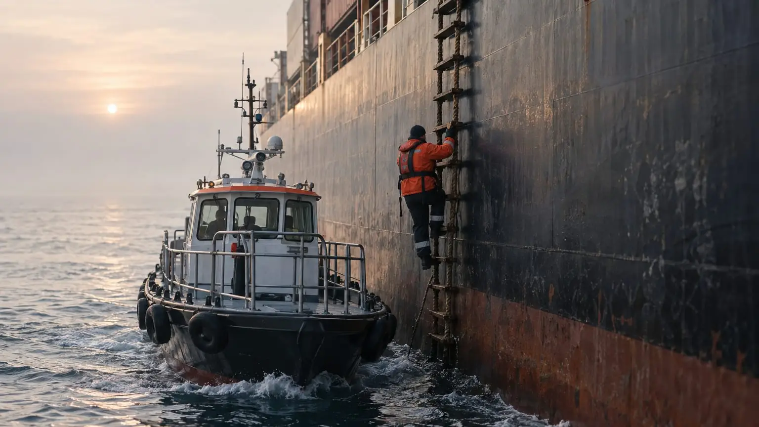 Ein kleines Lotsenboot fährt dicht längsseits eines großen Frachtschiffs auf ruhiger See, ein Lotse in Rettungsweste von hinten gesehen klettert die Strickleiter an der dunklen Bordwand hinauf