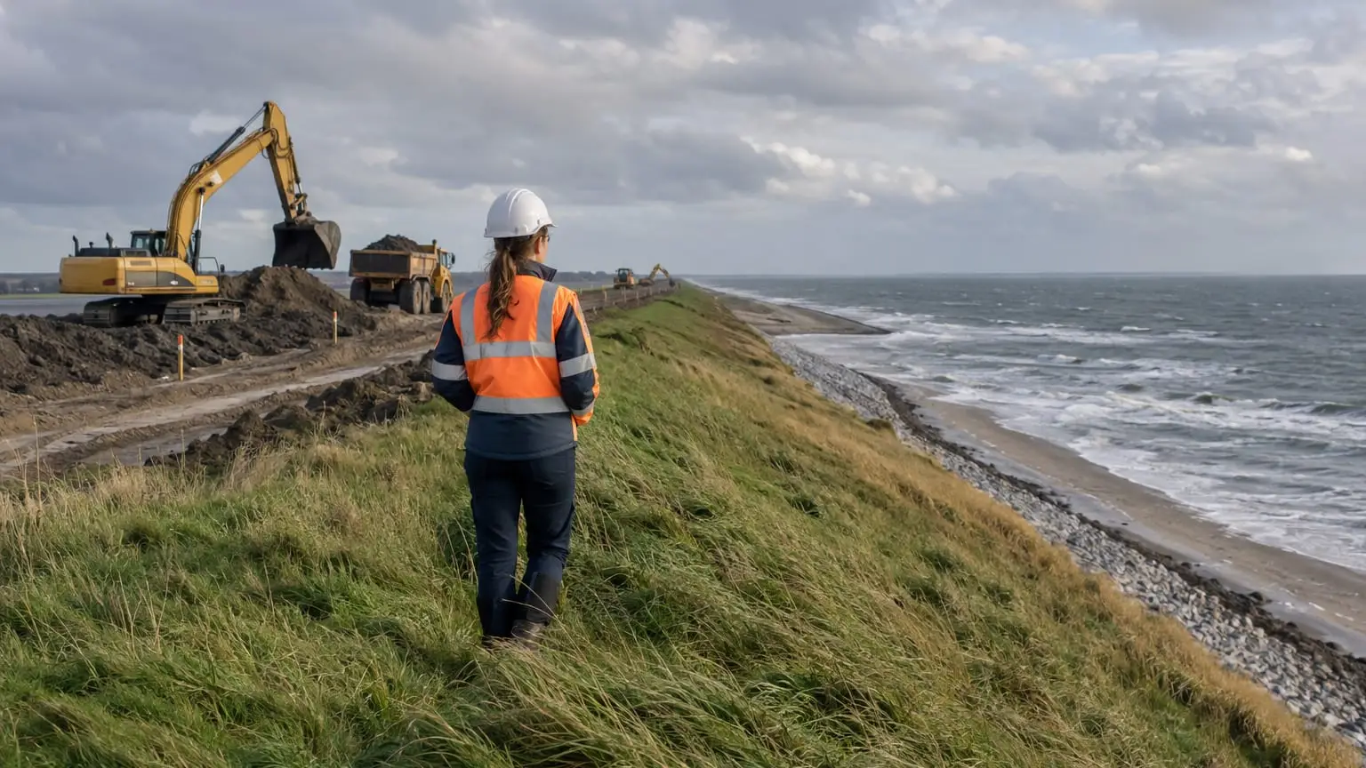 Eine Küstenlandschaft, an der ein grasbewachsener Deich verstärkt wird, Bagger und frisch aufgeschüttete Erde auf der Krone, eine Ingenieurin in Warnweste von hinten gesehen, die über den Deich auf das graue Meer blickt