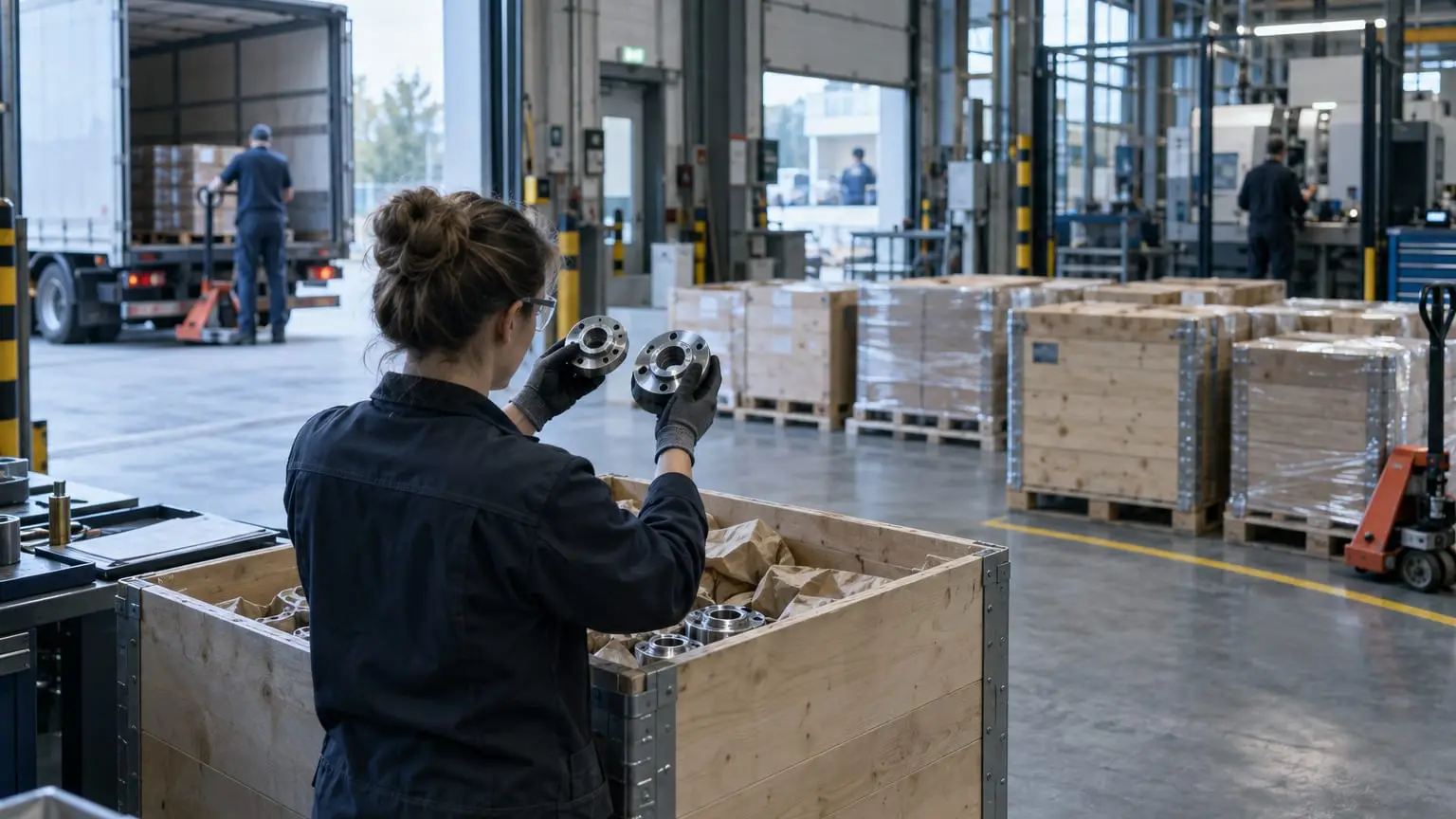 Der Wareneingang einer modernen Fabrik, eine Prüferin von hinten gesehen steht an einer geöffneten Kiste aus einer neuen Lieferung und hält zwei Metallflansche zum Vergleich nebeneinander, der Rest der Lieferung wartet hinter einer aufgemalten Bodenlinie