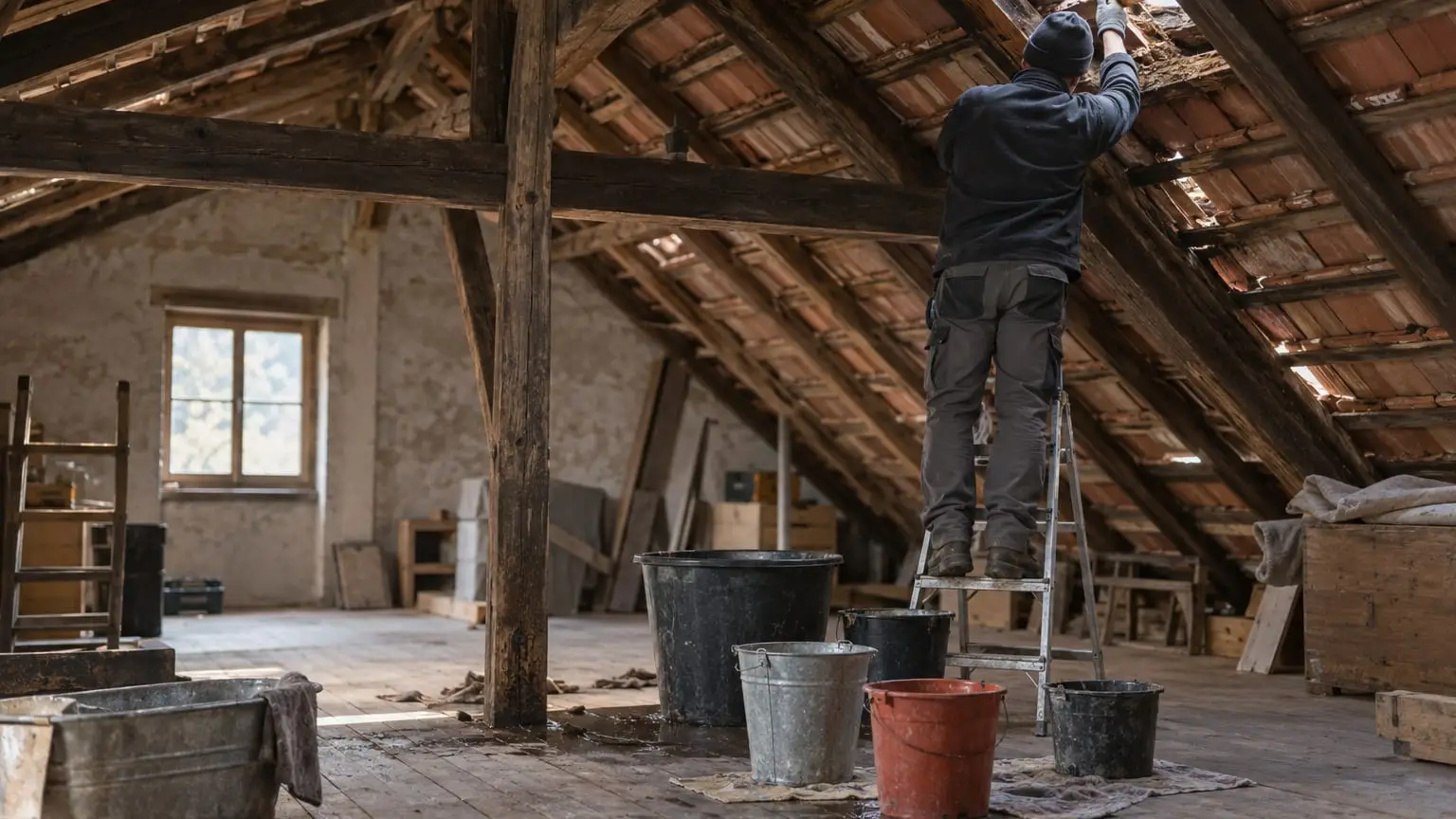 Der Dachboden eines alten Bauernhauses, mehrere Eimer und Wannen stehen auf den Dielen unter Tropfstellen im Dach, ein Dachdecker von hinten gesehen greift von einer kurzen Leiter aus in eine morsche Stelle des Dachs zwischen zerbrochenen Ziegeln