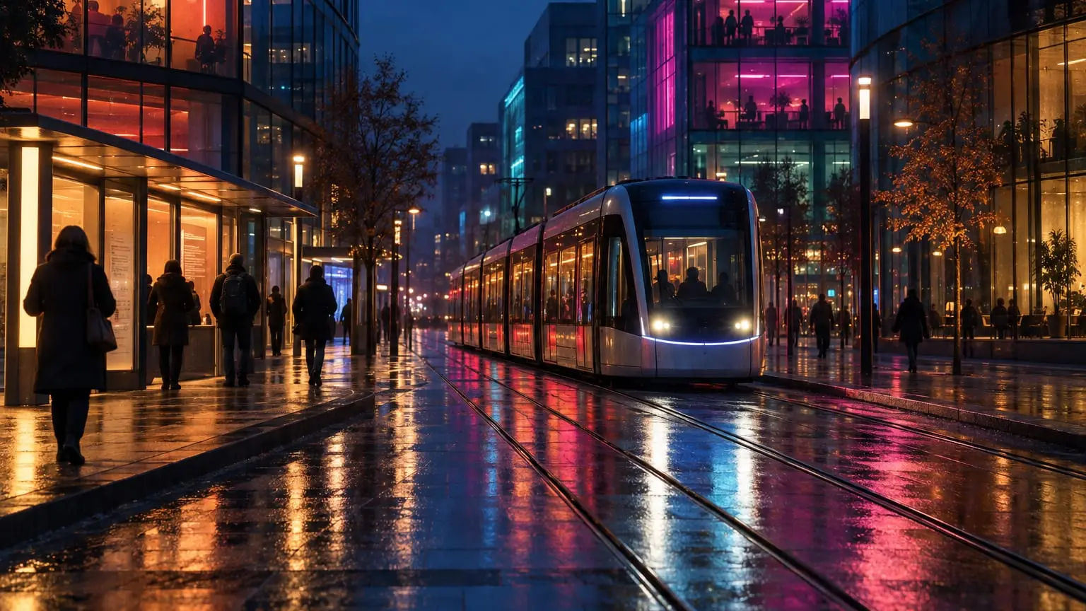 Eine moderne Straßenbahn gleitet nachts auf nassen Schienen durch eine zeitgenössische Stadtstraße, farbiges Licht aus erleuchteten Fenstern und Glasfassaden spiegelt sich auf den Gleisen, Passanten als Silhouetten auf dem nassen Gehweg