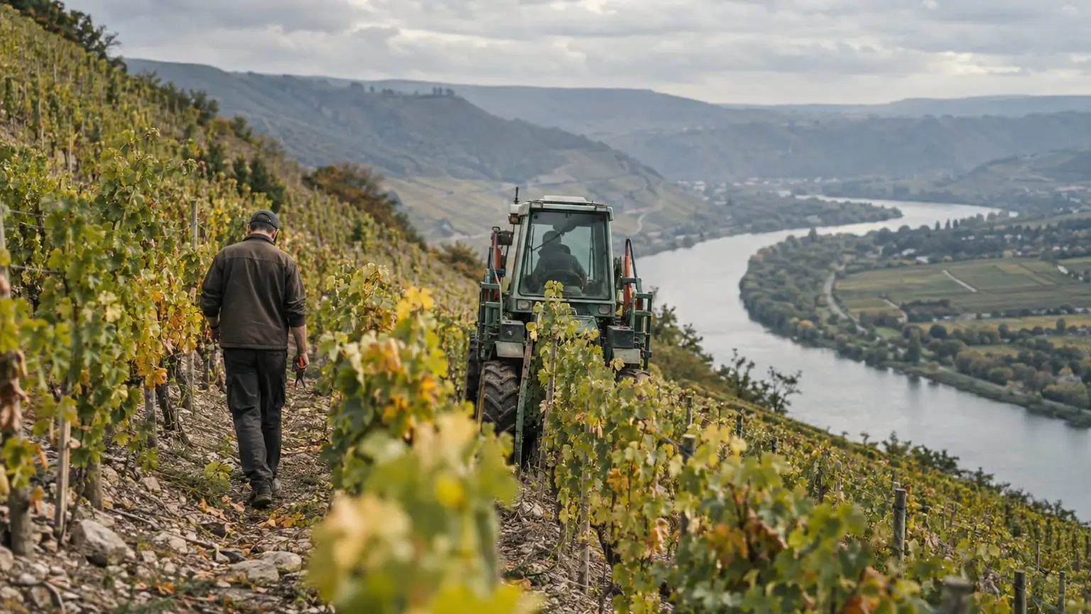 A steep vineyard on an overcast day, a narrow high-clearance vineyard tractor driving up between two rows of vines, a winegrower seen from behind walking beside the next row with a pair of pruning shears