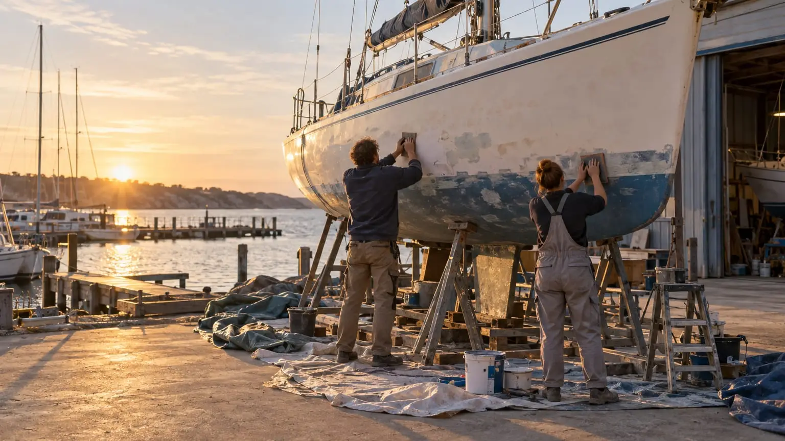 Eine kleine moderne Bootswerft im Frühjahr, ein Segelboot steht auf Böcken an Land, zwei Menschen von hinten gesehen schleifen mit beiden Händen an großen Schleifklötzen den Rumpf, Planen und Farbeimer daneben, das Wasser im Hintergrund