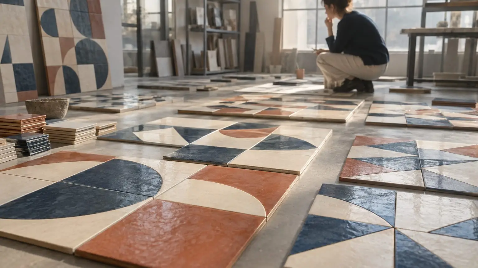 Der Boden eines modernen Fliesenstudios mit großen ausgelegten Mustern, jedes Muster aus denselben wenigen glasierten Fliesenformen in Creme, Tintenblau und Terrakotta, im weichen Hintergrund eine Designerin im Profil, die die Anordnung betrachtet