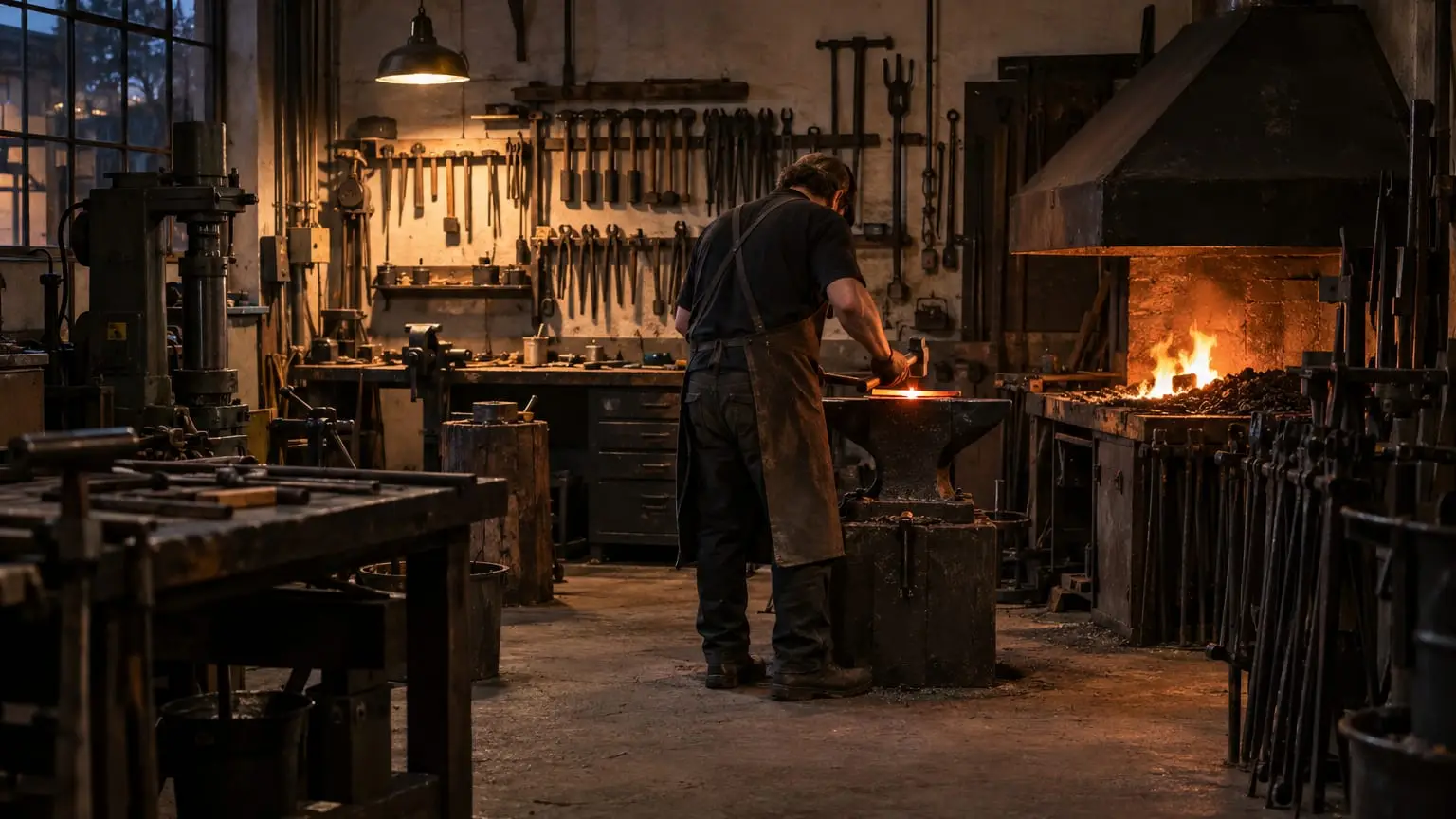 A blacksmith's workshop, the smith seen from behind at the anvil hammering a glowing piece of steel into a special tool, rows of ordinary tools hanging on the wall behind