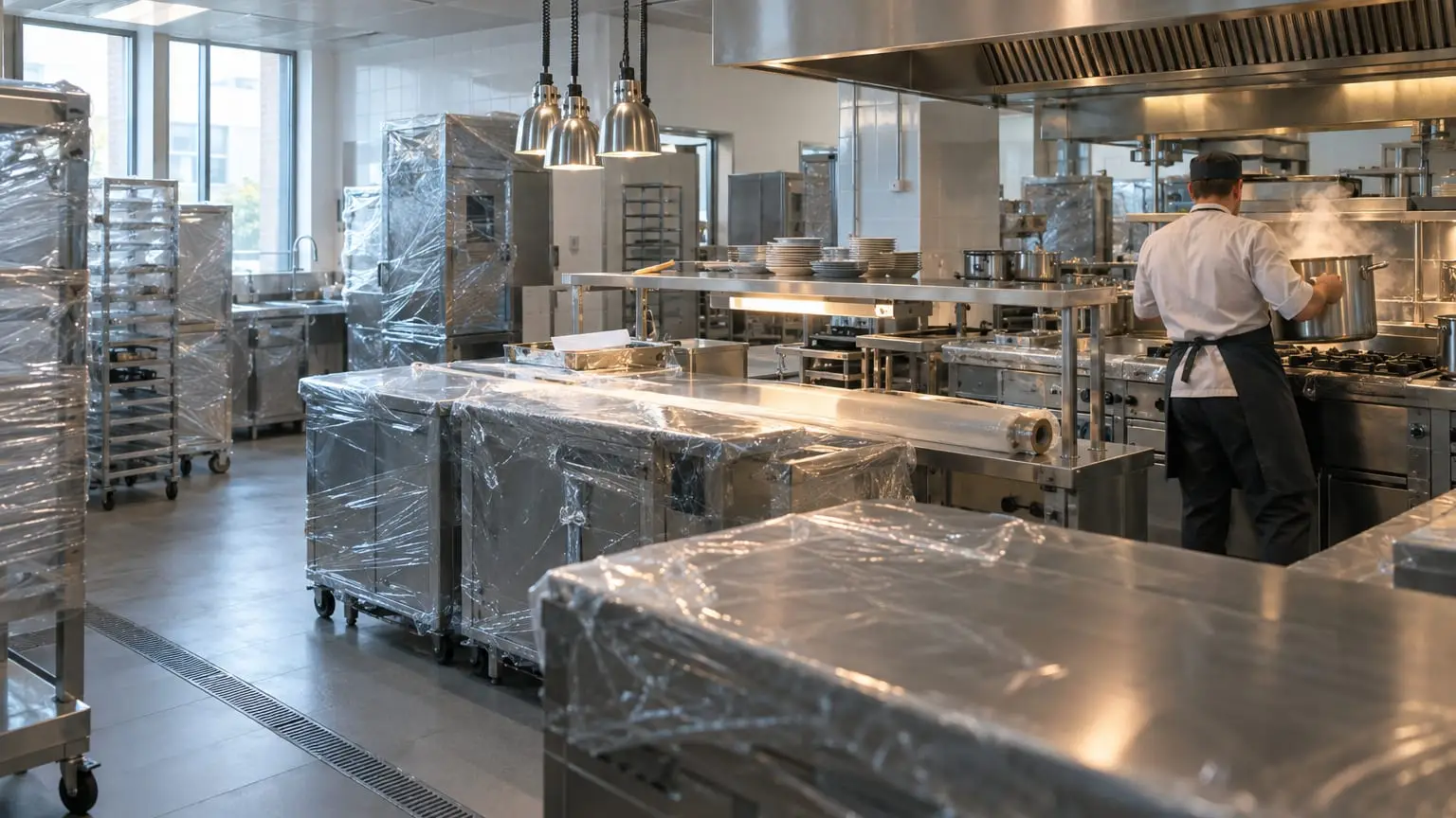 Eine riesige, nagelneue Restaurantküche, in der die meisten Edelstahlstationen noch in Schutzfolie eingepackt und nie benutzt sind, und an einer kleinen ausgepackten Station nahe dem Pass hebt ein Koch, von hinten gesehen, einen großen dampfenden Topf vom Herd