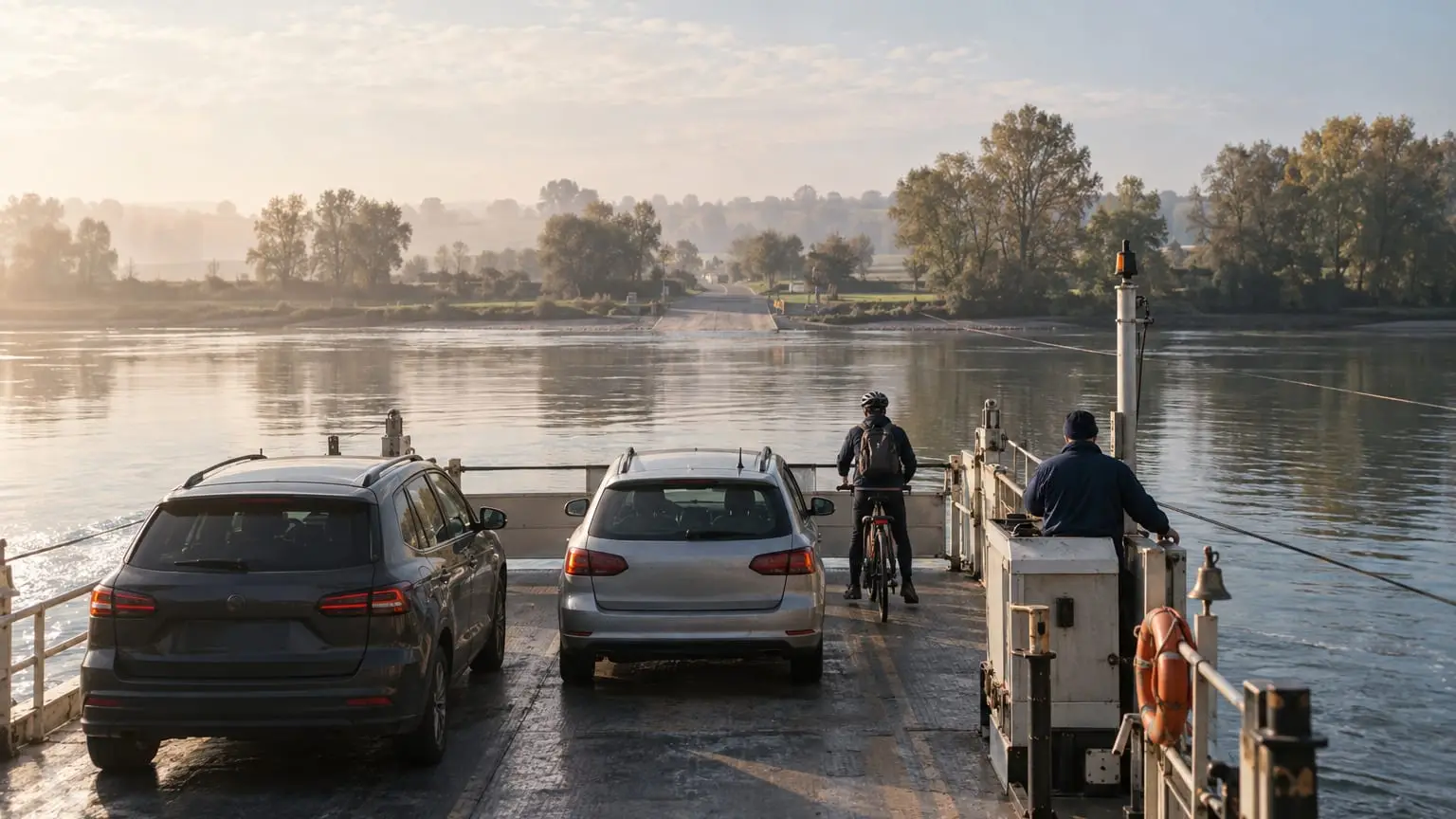 Eine kleine Seilfähre überquert einen ruhigen, breiten Fluss mit zwei Autos und einem Radfahrer an Bord, der Fährmann von hinten gesehen am Steuerstand, vorn das andere Ufer mit Bäumen und einer Anlegerampe